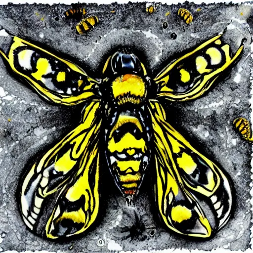 Image similar to alcohol ink, ink blott, rorschach test depicting deaths head moth in yellow and black, detailed, symmetrical