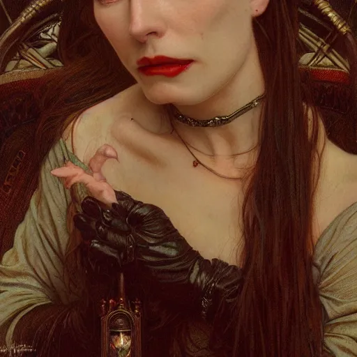 Prompt: portrait of a lady vampire, 35mm, victorian, depth of field, DOF, ominous, sharp, highly detailed, photorealistic, realistic, unreal 5, high definition, 8k, deviantart, donato giancola, irwin penn, Alphonse Mucha