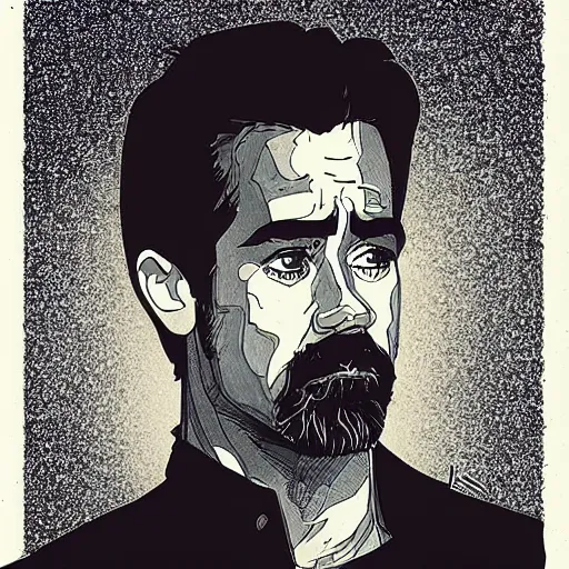 Image similar to “ colin farrell retro minimalist portrait by jean giraud, moebius starwatcher, high detail, intricate linework, sharp, smooth face, colors, comic, 8 k ”