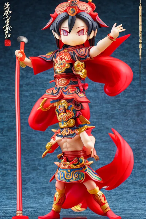 Image similar to arty chinese mythology ne zha nendoroid full body hyperdetalied, hero pose, osamu tezuka, macoto takahashi, chibi, q posket, 8 k realistic, 3 d, cryengine, exquisite, red cloth around his shoulders, hold spear, ne zha ( 2 0 1 9 ), fenghua zhong,