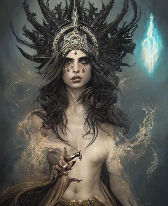 Image similar to beautiful fantasy character portrait, ana de armas as the goddess of death, ultra realistic, wide angle, intricate details, black smoke, dramatic lighting, highly detailed by peter mohrbacher, magali villeneuve, wayne barlowe, boris vallejo, greg rutkowski, dishonored 2, ritualistic tattoos