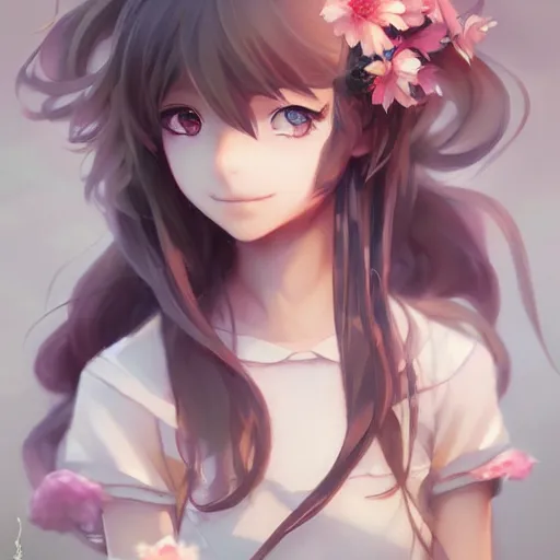 Prompt: anime portrait of a flower girl as an anime girl by Stanley Artgerm Lau, WLOP, Rossdraws, James Jean, Andrei Riabovitchev, Marc Simonetti, and Sakimichan, trending on artstation