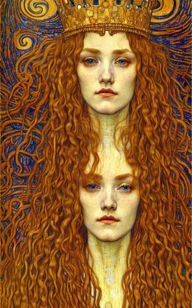 Image similar to detailed realistic beautiful young medieval queen face portrait by jean delville, gustav klimt and vincent van gogh, art nouveau, symbolist, visionary, gothic, pre - raphaelite, muted earthy colors, desaturated