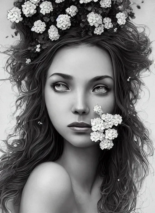 Image similar to a photographic portrait of a anthropomorphic hydrangea blossom, very very pretty face!!!!, fantasy, wind blowing hair, intricate, elegant, highly detailed, digital painting, artstation, concept art, smooth, sharp focus, illustration, art by artgerm and h r giger and alphonse mucha