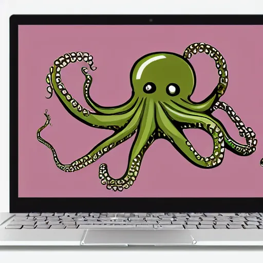 Image similar to Laptop computer being used by an octopus in the style of Emily Willoughby, paleoart