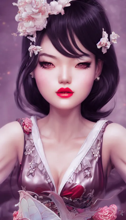 Image similar to a pin up and beautiful fashion and charming and dreamlke asian girl, lv jewelry, art by artgerm & jeehyung lee & wlop, hyperdetailed, 8 k realistic, symmetrical, frostbite 3 engine, cryengine, dof, trending on artstation, digital art