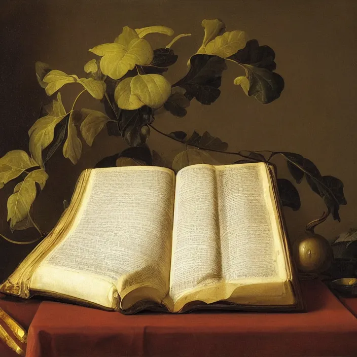 Image similar to still life painting of large book and greenery by pieter claesz, oil on canvas, strong lighting, highly detailed, hyper realism, golden hour, god rays, hd, 4 k