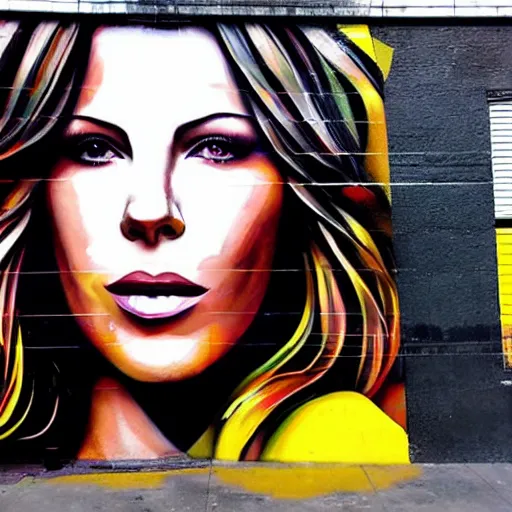 Prompt: Street-art portrait of kate beckinsale in style of Eduardo Kobra