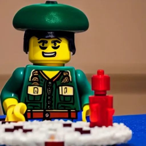 Prompt: a lego soldier eats a cake