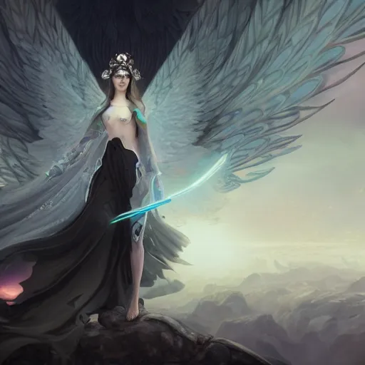 Prompt: angel clothed in black robes with pearlescent wings and her eyes blindfolded, ultra detailed, 8k, focused, stylized, unreal engine, octane rendered, Peter Mohrbacher