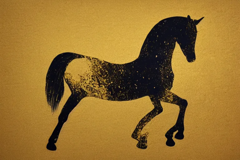 Image similar to beautiful serene horse, healing through motion, minimalistic golden ink aribrush painting on white background