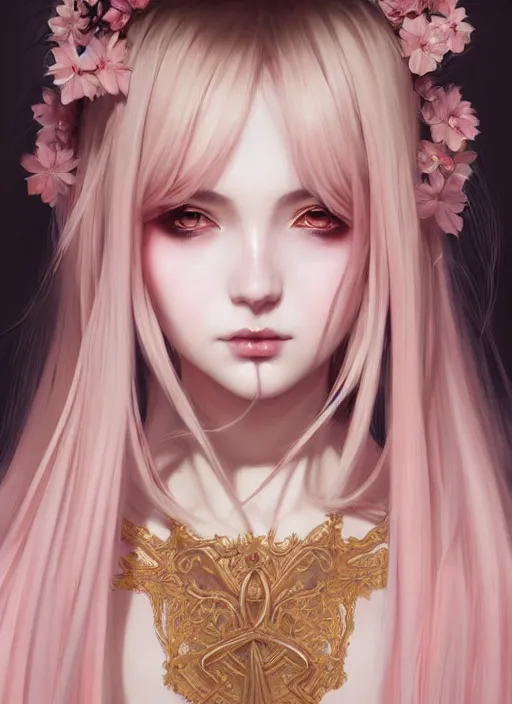 Image similar to dreamlike luxury stunning gothic girl portrait, pale pink and gold kimono, art by artgerm, wlop, loish, ilya kuvshinov, 8 k realistic, hyperdetailed, beautiful lighting, detailed background, depth of field, symmetrical face, frostbite 3 engine, cryengine,