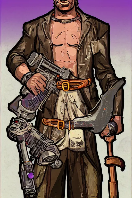 Image similar to saint homo neanderthalis, with book of science, on his right hand, and riffle, on his left hand, without duplicate content, violet polsangi pop art, gta chinatown wars art style, bioshock infinite art style, incrinate, realistic anatomy, hyperrealistic, two colors, white frame, balance content position