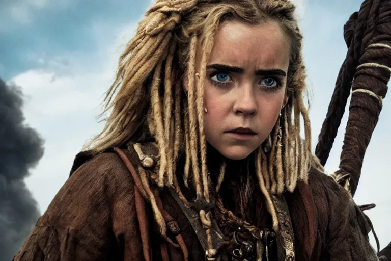 Image similar to promotional image of kiernan shipka as a gritty pirate captain in the new Pirate of the Carribean movie, dark stormy weather, detailed face, movie still frame, promotional image, imax 70 mm footage