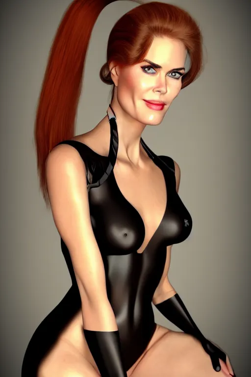 Image similar to mix of beautiful young maria shriver, mariel hemmingway, brooke shields, nicole kidman and elle macpherson as a dominatrix, thin lips, hair tied up in a pony tail, dark blonde hair, colorful, deviantart, artstation, cgsociety