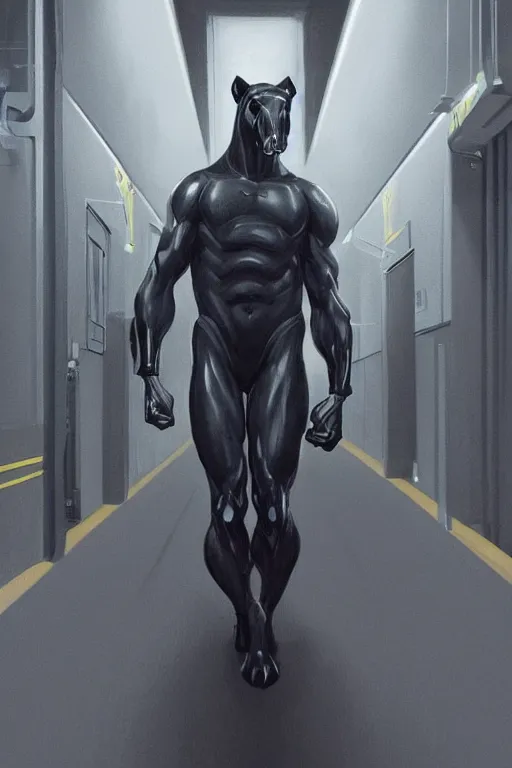 Prompt: a exaggeratedly muscled black - coated anthropomorphic horse wearing a skintight tactical clothing, test subject supersoldier, in a corridor of a research facility, game character, highly detailed, digital painting, artstation, concept art, illustration, art by artgerm, greg rutkowski, wlop