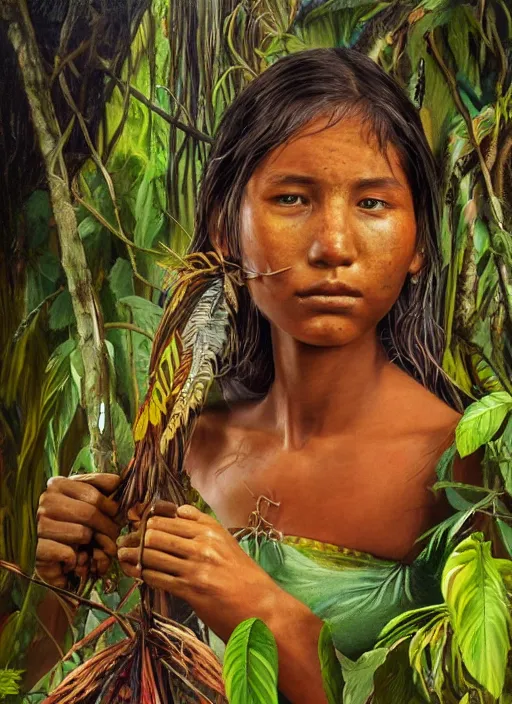 Image similar to a beautiful painting of a young indigenous female crafting a fabric in the jungle, realistic face, ayahuasca, fantasy art style, matte painting, highly detailed