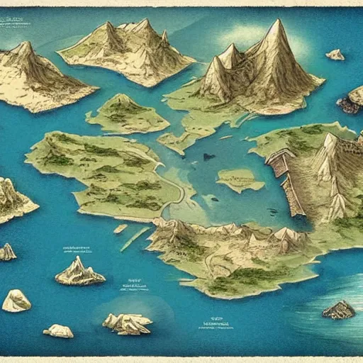 Image similar to imaginary map of an island, drawing of different elements in the lands, different realms, blueprint, infographic, on paper, natural colors, vintage, with notes, highly detailed, trending on artstation, fantasy art