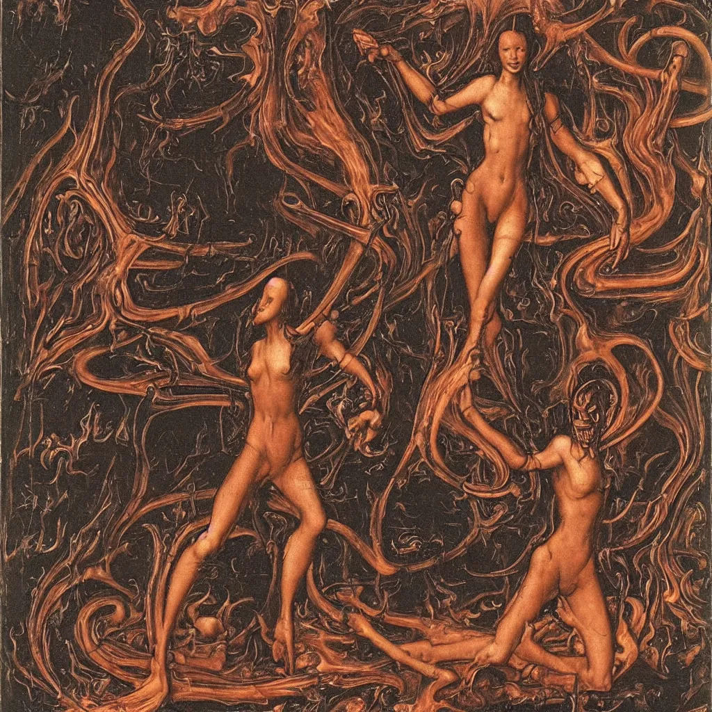 Image similar to a graceful detailed demon ballerina leaving a trail of smoke in a pool of lava by h. r. giger, by hans memling