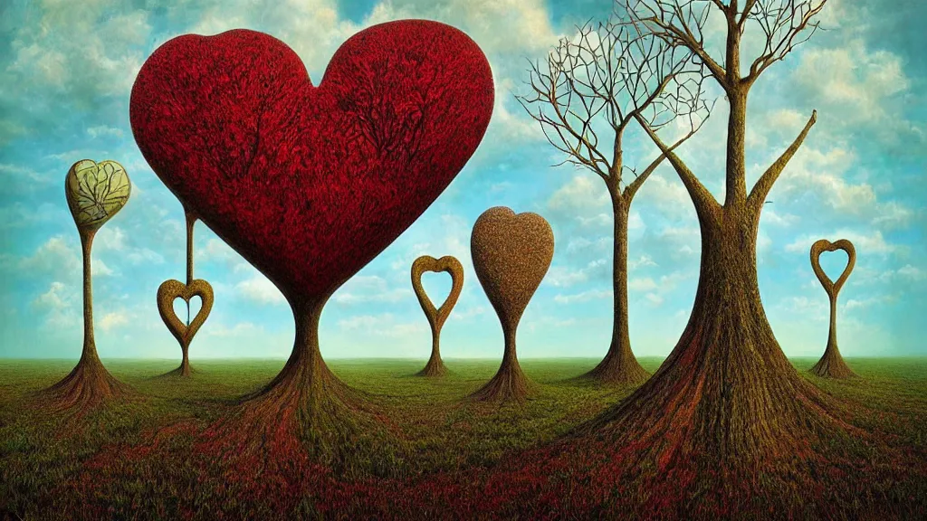 Image similar to surreal landscape, surrealism, fibonacci, heart shaped trees, symmetrical, esao andrews, victor enrich, dali