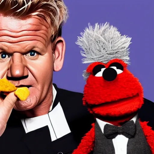 Image similar to photo of gordon ramsay eating a muppet