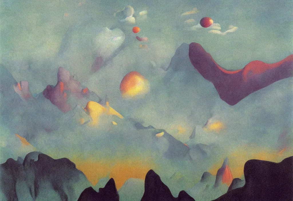 Prompt: shy mountain summit taking a peek through the clouds, fog, with curious eyes. joy of life happy flying creature devil dream mothership with petal wings. iridescence glowing. painting by yves tanguy, jean delville, rene magritte, max ernst, monet