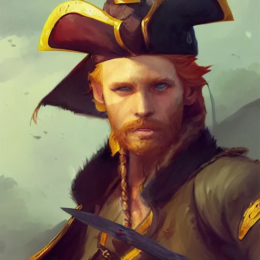 Prompt: handsome charming ginger rogue with large pointed ears, wearing a tricorne pirate captain hat, naval background, portrait, stunning award-winning art by Greg Rutkowski