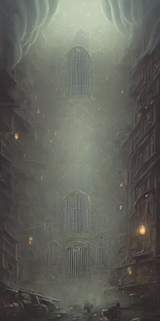 Prompt: illustration of close - up street view of a massive pipe organ, night, ground fog, by peter mohrbacher, by alex andreev, by jacek yerka, large depth of field, super detailed, digital art, trending on artstation, minimalism