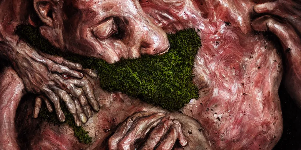 Prompt: details of moss growing on flesh and skin, meat, brittle texture details, painitng, wrinkles and muscle tissues, stab wound, oil on canvas, 4k, 8K, photorealistic, soft light, cinematic lighting, sharp, contrasting, dramatic light