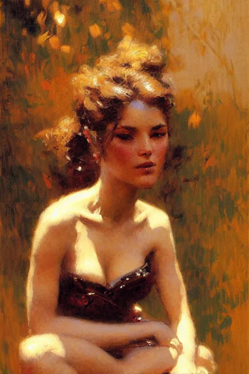 Prompt: Attractive woman, painting by Gaston Bussiere, Craig Mullins