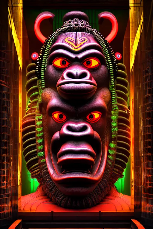 Image similar to high quality 3 d render post - rococo cyberpunk hanuman! head building, neon madhubani, open mouth, highly detailed, in sci - fi mumbai, cinematic smooth unreal engine, lee madgwick & liam wong, dramatic light, low angle, uhd 8 k, sharp focus