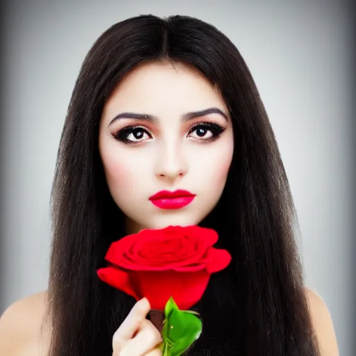 Prompt: young girl arabic oriental, black long hair, sharpe eyes very very beautiful, holding red rose high resolution 8 k, very detailed
