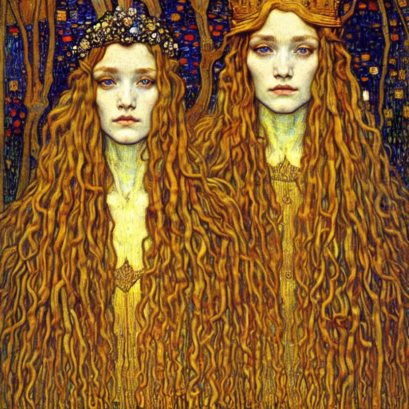 Image similar to detailed realistic beautiful young medieval queen face portrait by jean delville, gustav klimt and vincent van gogh, art nouveau, symbolist, visionary, gothic, pre - raphaelite, muted earthy colors, desaturated