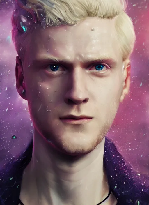 Image similar to An epic fantastic realism comic book style portrait painting of Lucius the most beautiful pale blond man in the universe, flowers rain everywhere, fisheye lens, Apex Legends Concept Art, porcelain, unreal 5, DAZ, hyperrealistic, octane render, cosplay, RPG portrait, dynamic lighting