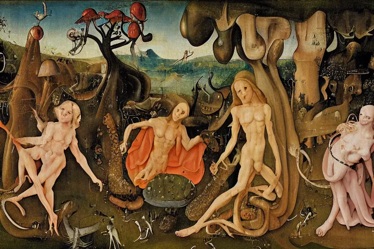 Prompt: a detailed horror vacui depicting adam and eve, in the garden of eden, eating a giant psychedelic mushroom, snakes and angels are in the background, 8K, hieronymus bosch, Jean Duvet,