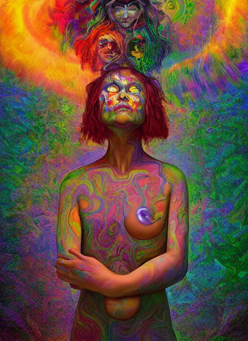 Image similar to portrait ultra dimensional cult girl shaman, accidentally tripping on dmt and acid, psychedelic experience, overwhelming psychosis of self realization and burning awakening, ultra high definition, unreal engine 5, hyperrealism, masterpiece composition, by peter kemp, casey weldon, barclay shaw