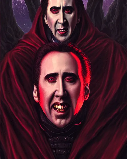 Image similar to nicolas cage as dracula, blood moon, highly detailed, centered, artstation, concept art, smooth, sharp focus, illustration, bokeh art by artgerm and donato giancola and joseph christian leyendecker