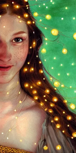 Prompt: a totally amazed smiling pretty woman surrounded by golden firefly lights in a mesmerizing scene, fully covering intricate detailed bohemian outfit, long loose red hair, precise linework, accurate green eyes, small nose with freckles, beautiful smooth oval head, expressive emotions, hyper realistic ultrafine portrait by artemisia gentileschi, jessica rossier, greg rutkowski, artgerm