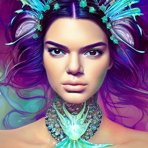 Image similar to kendall jenner portrait, fantasy, mermaid, hyperrealistic, game character, underwater, highly detailed, sharp focus, cinematic lighting, pearls, glowing hair, shells, gills, crown, water, highlights, starfish, jewelry, realistic, digital art, pastel, magic, fiction, ocean, king, colorful hair, sparkly eyes, fish, heroic, goddess, waves, bubbles, queen