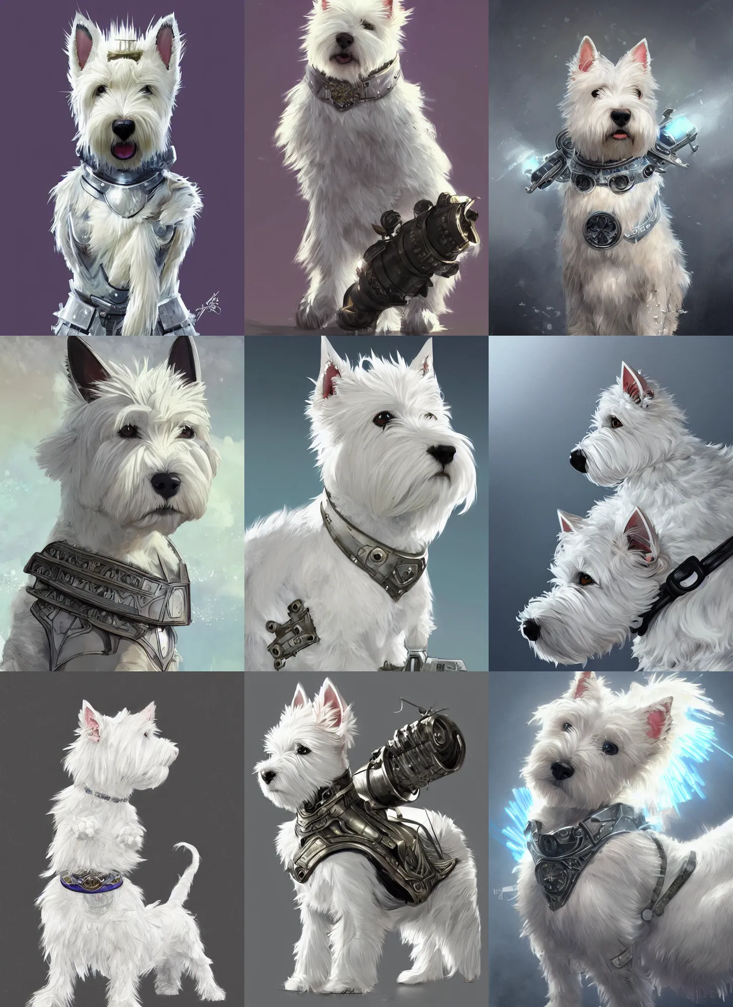 Image similar to a west highland white terrier, anime art style, wearing futuristic, led - lit armor, and a cannon mounted on his back, portrait, high detail, sharp focus, digital painting, artstation, concept art, art by hayao miyazaki and artgerm and greg rutkowski and alphonse mucha.