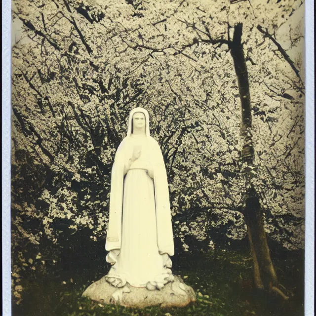 Image similar to vintage polaroid of white mother mary statue, pictured close and slightly from below, sky with clouds and a cherry tree in background