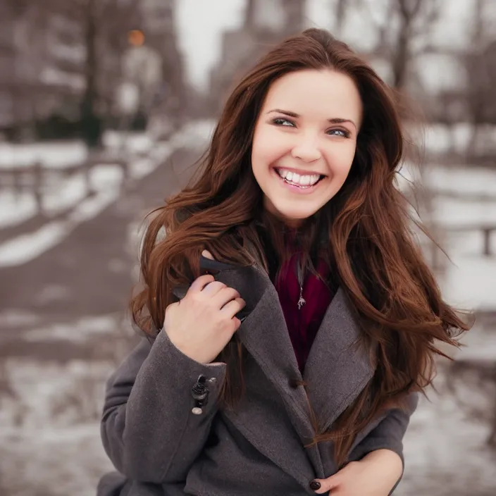 Prompt: a beautiful girl from minnesota, brunette, joyfully smiling at the camera opening her eyes. thinner face, irish genes, dark chocolate hair colour, wearing university of minneapolis coat, perfect nose, morning hour, plane light, portrait, minneapolis as background. healthy, athletic, in her early 3 0