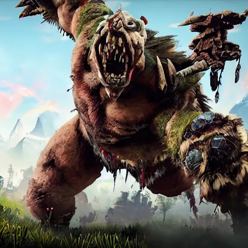 Image similar to gameplay of a orc brute bleeding in the style of horizon zero dawn