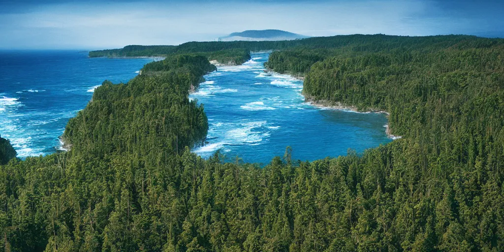 Prompt: National Geographic photograph of a forested coastline. Ocean in the foreground. Realistic.