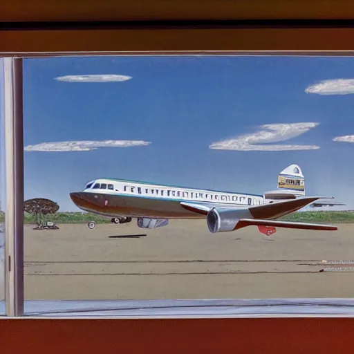 Prompt: Window view of an African airport of a Lockheed L-188 Electra parked on the runway, norman rockwell and andrew loomis artwork
