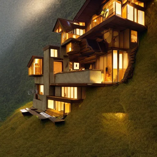 Image similar to small hillside house made of honey, modern lighting, hyper - realistic, hyper - detailed, 8 k, octane rendered, art nouveau, organic, flowing, impossible torsion, writhing, lush, dynamic