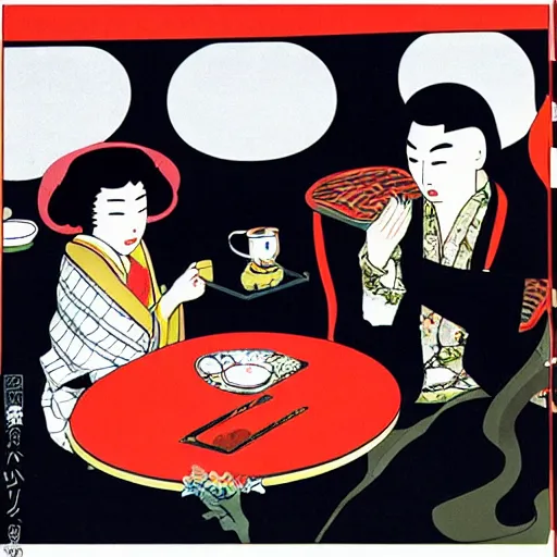 Image similar to Japanese beauty wrapped in a snake having tea with her husband by Toshio Saeki, high detailed