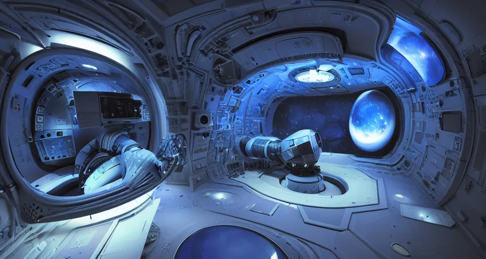 Prompt: a cosmic space themed museum room, inside a spacecraft, technological, future style, dark, h. r. giger, blue color scheme, low poly, level design, sharp focus, concept art, intricate, smooth, dynamic, subsurface scattering, wide angle, horizontal orientation, very coherent, hyper realism, behance, ray tracing, 3 d render