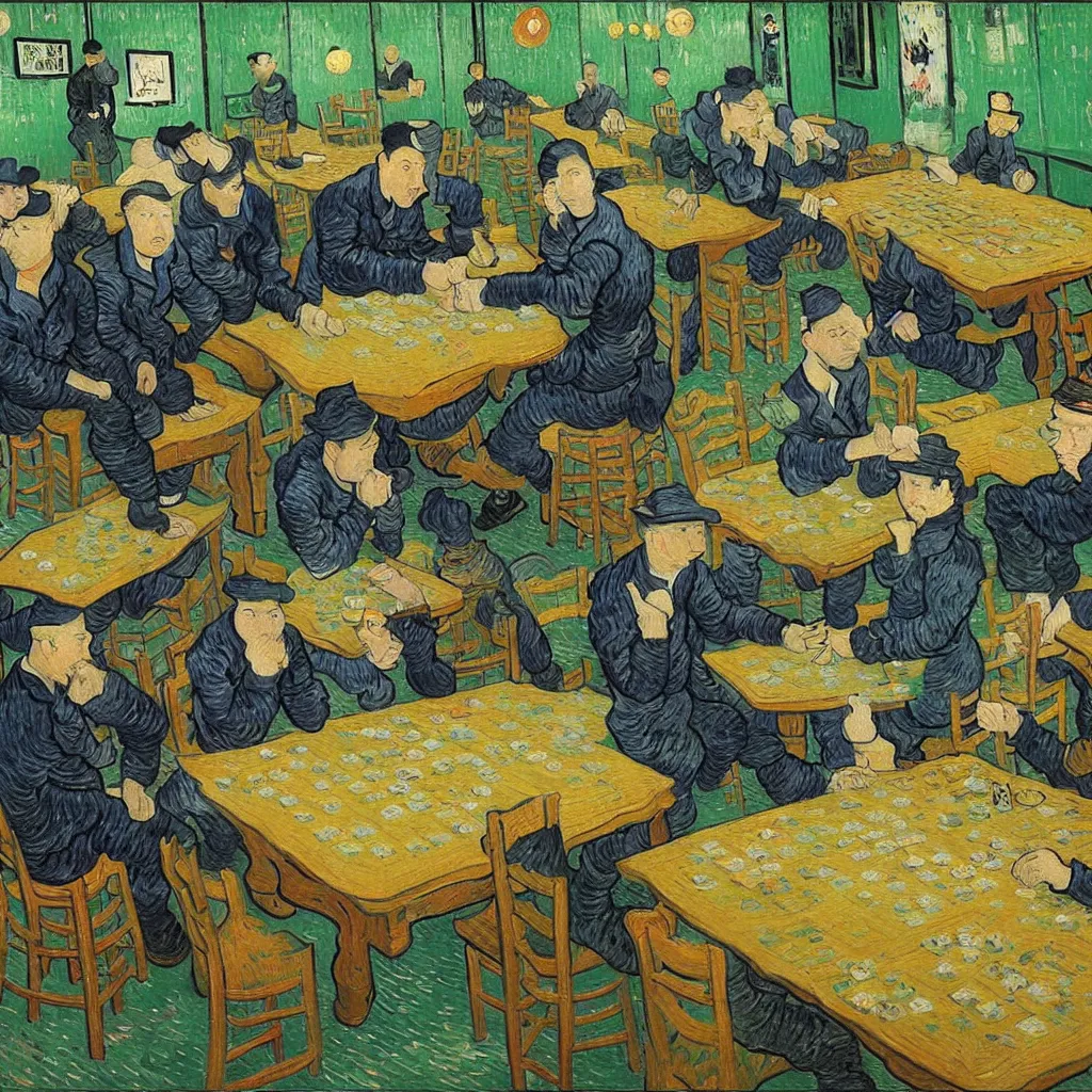 Image similar to van gogh plays mahjong in chengdu, highly detailed