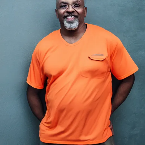 Image similar to a bald middle aged black man with a goatee in an orange gym shirt, high quality portrait